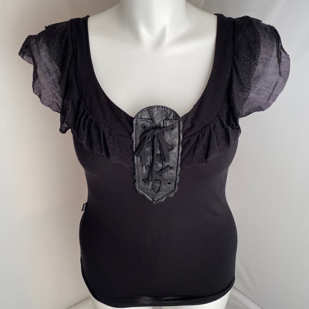 Moschino black viscose leather mesh flutter sleeve corset top 14